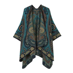Vintage paisley print imitation cashmere cape, elegant open-front poncho shawl for women.