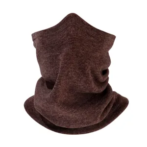 Brown knitted neck warmer closeup, thick thermal snood for winter outdoor sports and daily wear.