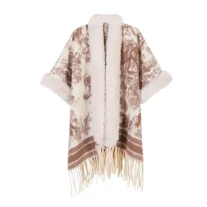 Damen Kunstfell Kragen Poncho Cape Retro Tinte Malerei Druck Fransen Schal Winter warmer Umhang