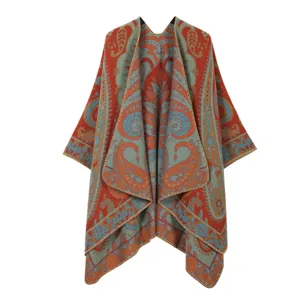 Retro paisley print women's poncho cape, warm open front fleece shawl for stylish wear.