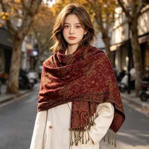 Retro wijnrode paisley jacquard omslagdoek voor dames, etnische franjesjaal voor herfst winter.