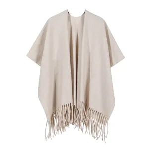 Femme unie frange poncho cape élégant épaissi chaud châle douillet couverture hiver mode