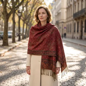 Vintage bordeaux rode paisley jacquard sjaal met franjes voor dames, elegante herfststijl.
