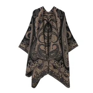 Retro paisley pattern cashmere-feel cape, stylish open-front design for cozy daily wear.