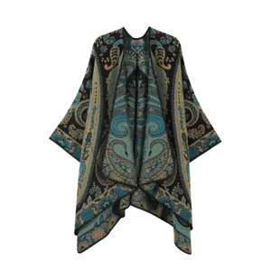 Vintage paisley knitted open front poncho cape for women warm stylish outerwear shawl.