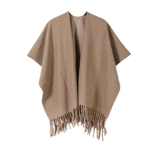 Femme couleur unie frange châle épais chaud hiver cape confortable couverture écharpe