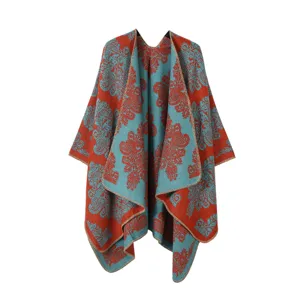 Capa Chal de Imitación Cashmere con Patrón Étnico Retro para Mujer Invierno Cálido Cardigan Frente Abierto Manta Poncho