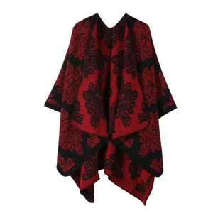 Retro étnico rojo negro estampado cachemir mujer imitación cachemira grueso chal abierto