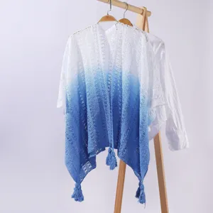 Women gradient knitted shawl hollow tassel cape thin stylish outer wear for office daily use.