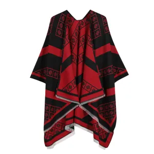Rood zwarte paisley jacquard poncho cape sjaal met franjes warme winterkleding dames