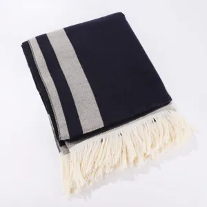Cozy striped cashmere-feel winter scarf with fringe detail, soft fashion travel shawl.