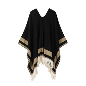 Women Autumn Winter Casual Striped Faux Cashmere Shawl Pullover Thickened Cape Fashion Travel Tassel Poncho