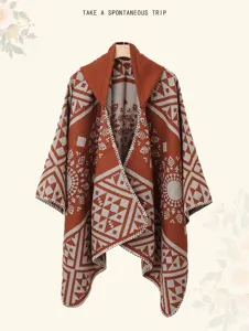 Donna inverno retro ponchos maglia con cappuccio scialle, elegante stampa geometrica dettaglio.