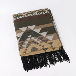 Chal de punto geométrico étnico con flecos, capa de manta retro cálida para uso en invierno.