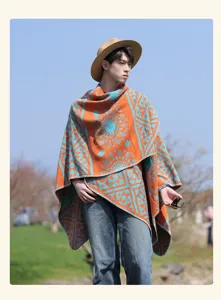 Inverno retro poncho mantella in maglia geometrica streetwear calda sciarpa da viaggio