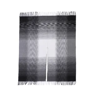 Black and white gradient knitted poncho shawl with vintage fringe hem, elegant warm cape.