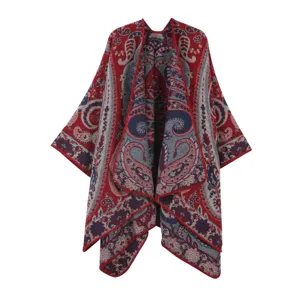 Detailed view of the vintage paisley cashmere-feel women's winter warm open-front cape poncho.