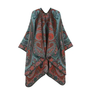 Detailed view of women's vintage paisley print imitation cashmere shawl cape, cozy outerwear.