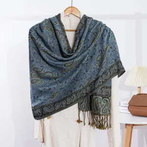 Blauwe paisley jacquard sjaal vintage franje sjaal dames herfst winter elegante dagelijkse