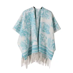 Poncho de flecos con patrón de tinta azul y blanca, capa de punto vintage larga para mujer.