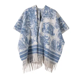 Moda capa de flecos con estampado de tinta azul y blanco poncho vintage elegante chal de viaje