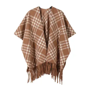 Femme hiver chaud marron carreaux frange cape châle vintage vêtement couverture foulard