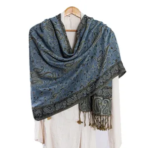 Blauwe paisley jacquard omslagdoek franje sjaal vintage winter warme elegante dames kleding access