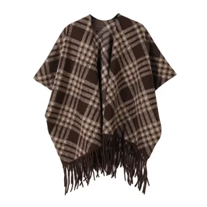 Poncho a franges a carreaux marron classique pour femmes, cape d'hiver chaude et chale.