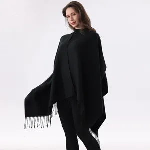 Solid color tassel split poncho shawl, versatile women's winter warm knit cape cardigan.