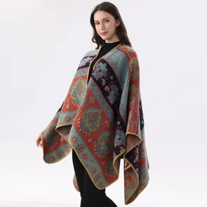 Châle en Imitation Cachemire à Imprimé Géométrique Ethnique pour Femmes Hiver Chaud Poncho Ouvert Cape Frange Vêtements d'Extérieur Décontractés Foulard
