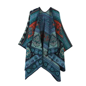 Poncho cape tricoté style ethnique hiver chaud imitation cachemire châle femmes détail
