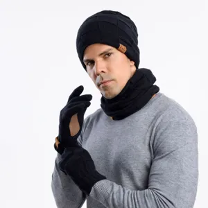 Winter Warm Baumwolle Strickmütze Schal Handschuhe Set Minimalistisch Einfarbig Buchstaben Patch Winddicht Beanie Kappe Outdoor Touchscreen Handschuhe Kragen Für Herren Damen
