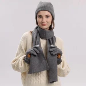 Conjunto de gorro bufanda y guantes de invierno para mujer cálido forrado de lana gris