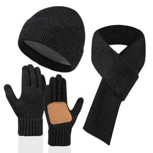 Conjunto de gorro bufanda y guantes táctiles de punto para mujer negro invierno