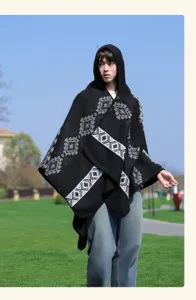 Poncho con capucha étnico chal retro geométrico invierno cálido capa moda exterior ropa