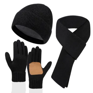 Conjunto de invierno 3 piezas gorro bufanda y guantes táctiles de punto negro mujer