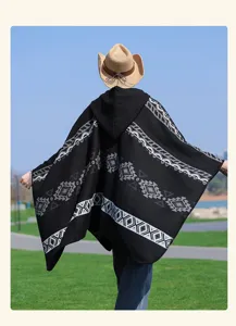 Poncho con capucha negro de estilo étnico con patrones geométricos, chal de invierno.