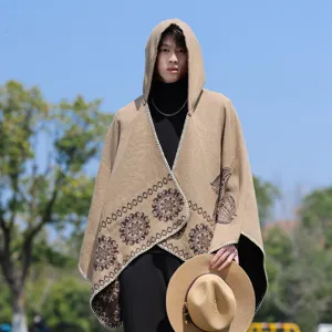 Mens hooded knit poncho vintage ethnic style winter warm cloak stylish outerwear casual shawl