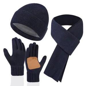 Elegante conjunto de 3 piezas gorro de punto forrado de polar bufanda y guantes táctiles