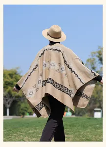 Poncho de punto étnico capa retro patrón geométrico mujer invierno cálido bufanda abrigo