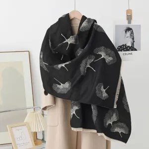 Damen Winter schwarz Ginkgoblatt Jacquard warme gemütliche Oversize Fransen Schal Tuch