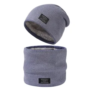 Winter warm knitted beanie and neck warmer set for men, thick fleece lined blue grey hat.
