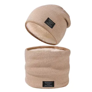 Winter fleece lined knit beanie hat and neck warmer set for men thick warm thermal cap