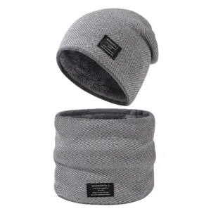 Winter warm knit beanie hat and neck warmer set for men, thick fleece lined grey set.