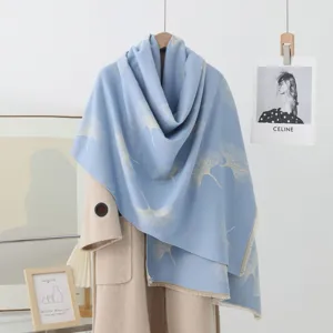 Damen Winter Vintage Jacquard dicker warmer Schal Tuch, elegante blaue Ginkgo Blätter.