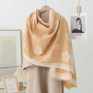 Damen Winter dicker Jacquard Schal, vintage Kamelien Blumen Design, warme elegante Stola.