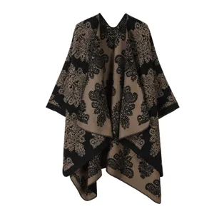 Capa de punto étnica vintage para mujer chal cálido de invierno abrigo elegante grueso