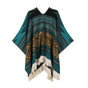 Ethnischer Fransen Poncho Umhang Damen Jacquard gestreifter Schal warme ethnische Jacke