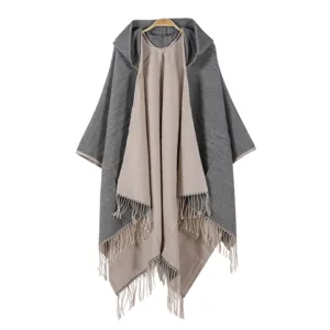 Detailed view of women autumn winter hooded reversible tassel cashmere feel cape shawl poncho