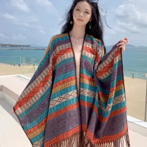 Vintage Ethnisch Geometrisch Gestreift Jacquard Kaschmir-ähnliches Acryl Schal Umhang Poncho Mit Quasten Reisen Warm Fransen Wrap Für Unisex